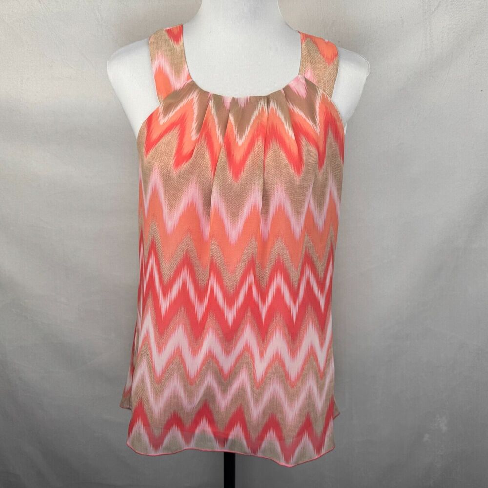 BCX Halter Top Sz S Round Neckline Zig Zag Print Coral Beige Pink Lined Button